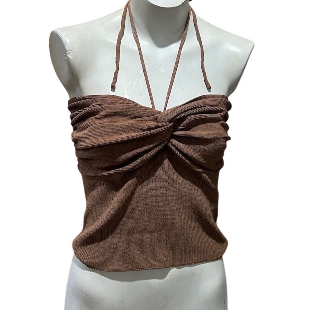 KEEN THE LABEL Tank Top Womens Size L Brown Ribbed Knit Halter Twist Front